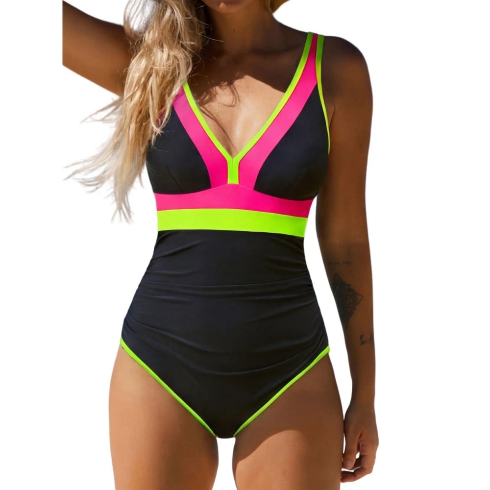 NWT Popvil Neon Pink/Lime/Black Colorblock Tummy Control One Piece Swim Medium